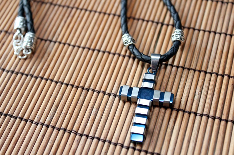 Sale 25% off Entire Store - Mens Leather & Titananium Blue Cross Necklace