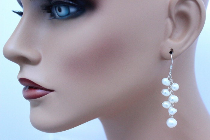 Bridal Earrings . White  Pearl Cluster Earrings. Sterling Silver. Wire Wrapped Dangle."Snow white Fashion". Rainbow Earring on ETSY