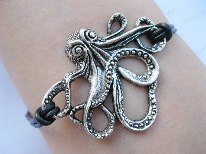 Bracelet-antique silver octopus bracelet,octopus pendant,real leather bracelet-Z278
