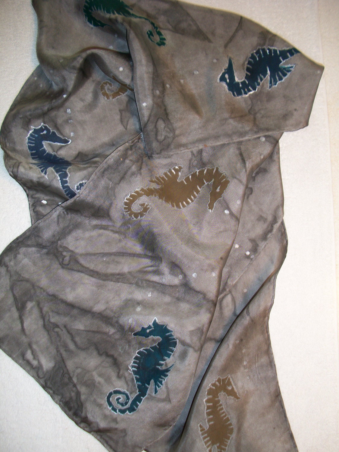 Colorful Floating Sea Horses 11 x  60 Hand Painted Silk Scarf.