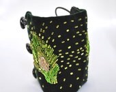 Green Velvet Hand Beaded Peacock Feather Cuff - Vintage 1920s - Art Deco Inspired