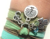 Tree of Life Hamsa Silk Wrap Bracelet Bohemian Om Yoga Jewelry Aqua Blue Brown Green Namaste Necklace Earthy Unique Gift Under 50 Item Z80
