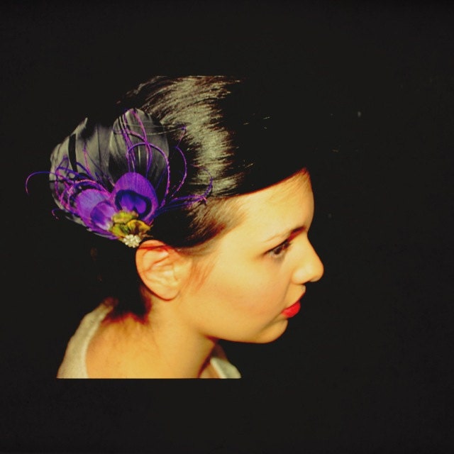 Purple Peacock Feather Fascinator for the Bride and her Party with Vintage Swarovski crystal