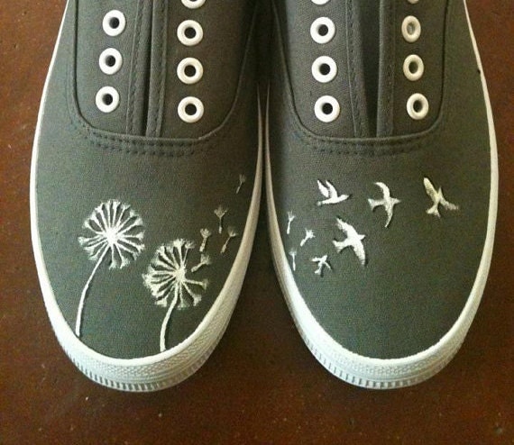 Hand Painted Shoes - Dandelions and Birds