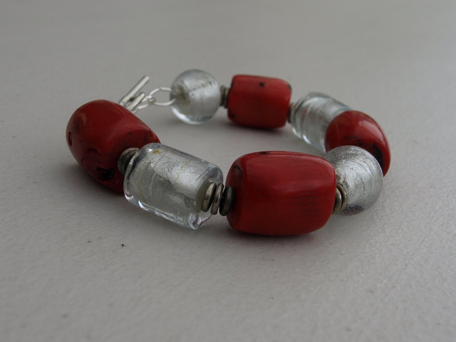 Chunky Red Coral and silver glass beaded bracelet, fire and ice