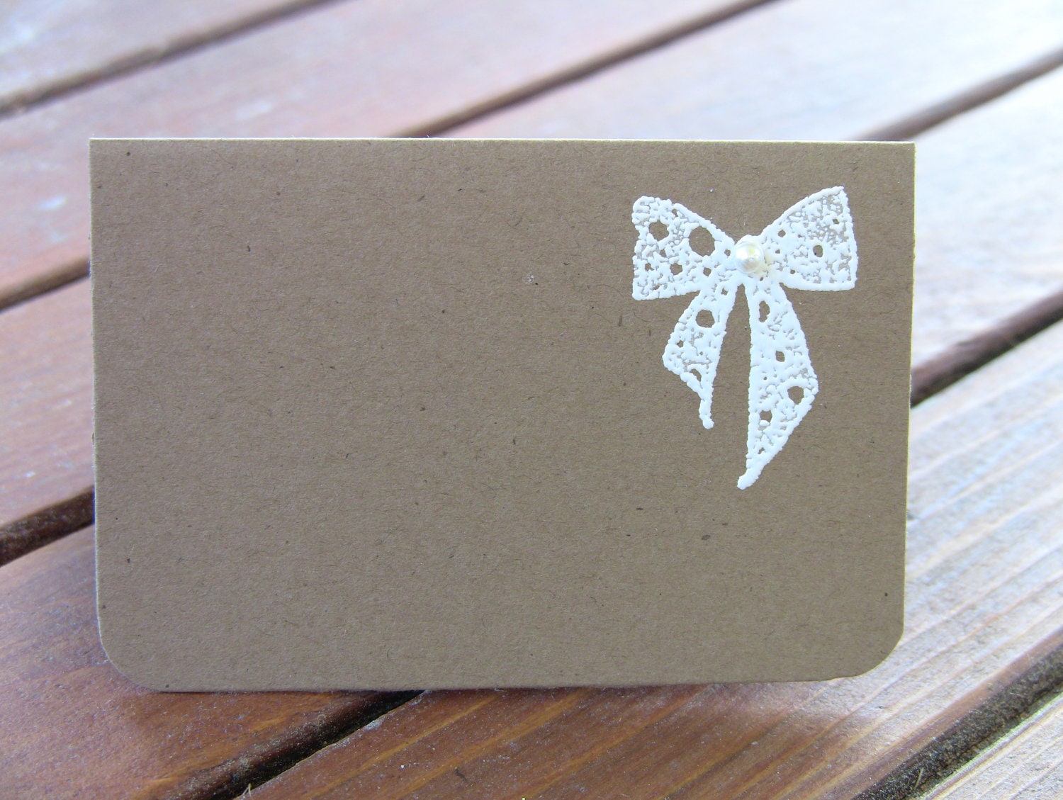 10 Wedding Place Cards / Escort Cards, Embossed, Ribbon with Pearl,  Bridal Showers, CUSTOMIZE ANY COLOR, Name Printing Upgrade Possible