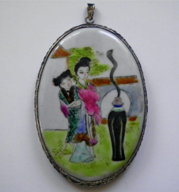 Asian Porcelain Vintage Hand Painted Pendant in Floral & Foliate Silver Frame