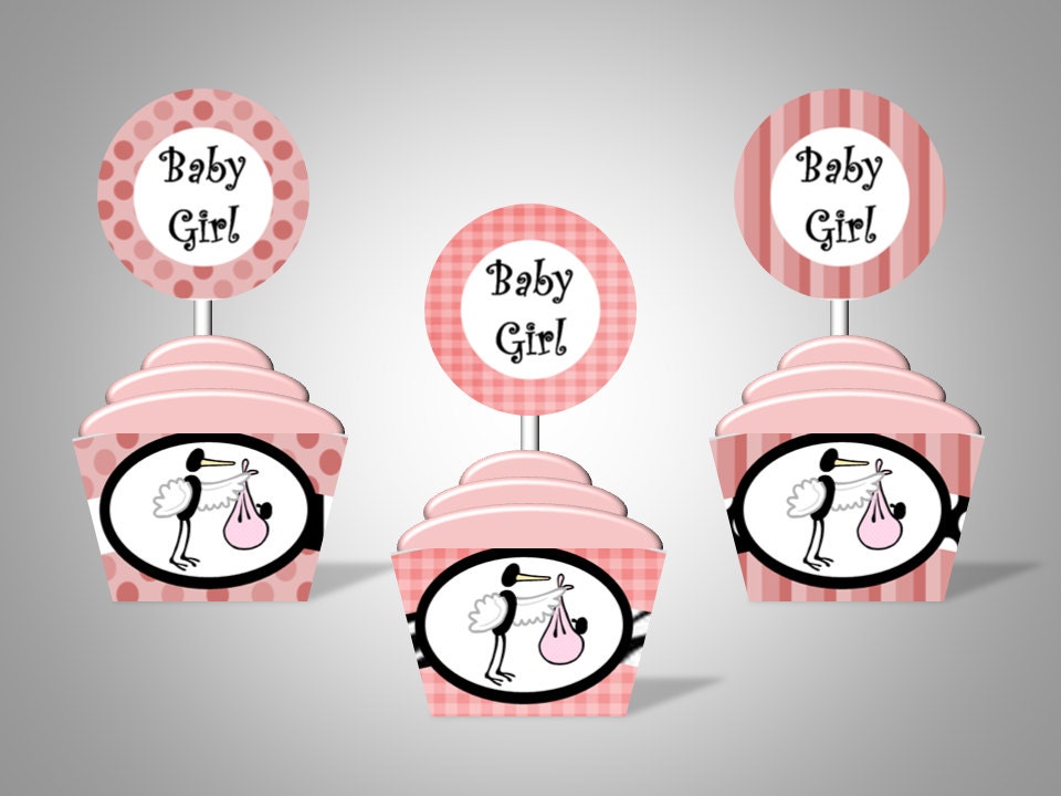 Baby Girl With Stork - Pink and Black Baby Shower Cupcake Wrappers & Toppers - Personalized - DIY Printable Party Decorations Il_170x135
