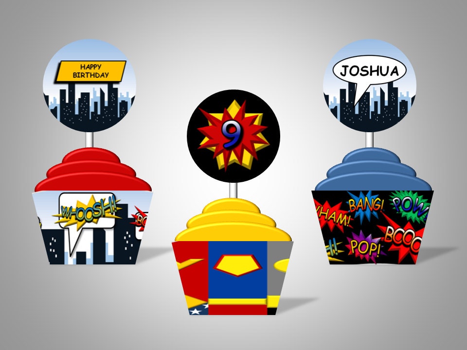 SuperHero Comic Book Cupcake Wrappers & Toppers - Personalized With Name and Age - DIY Printable Party Decorations Il_570xn