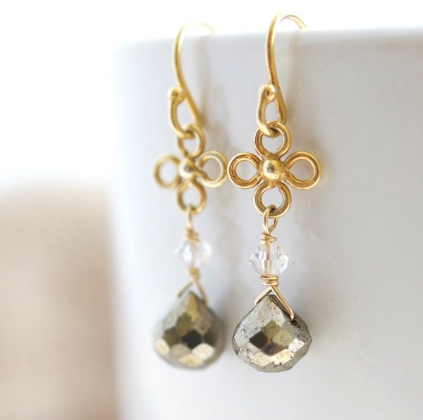 Pyrite Earrings, Delicate Earrings, Small Earrings, Gold Earrings, Dangle Earrings