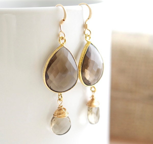 Smokey Quartz Dangle Earrings, Bezel Set Earrings, Bridal Jewelry