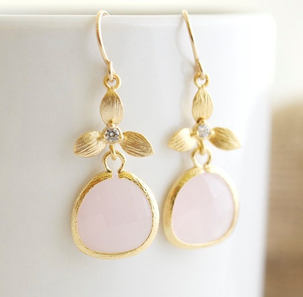 Bezel Set Pink Glass Stone Dangle Earrings, Bezel Set Earring, Bridal Jewerly, Pink Earrings