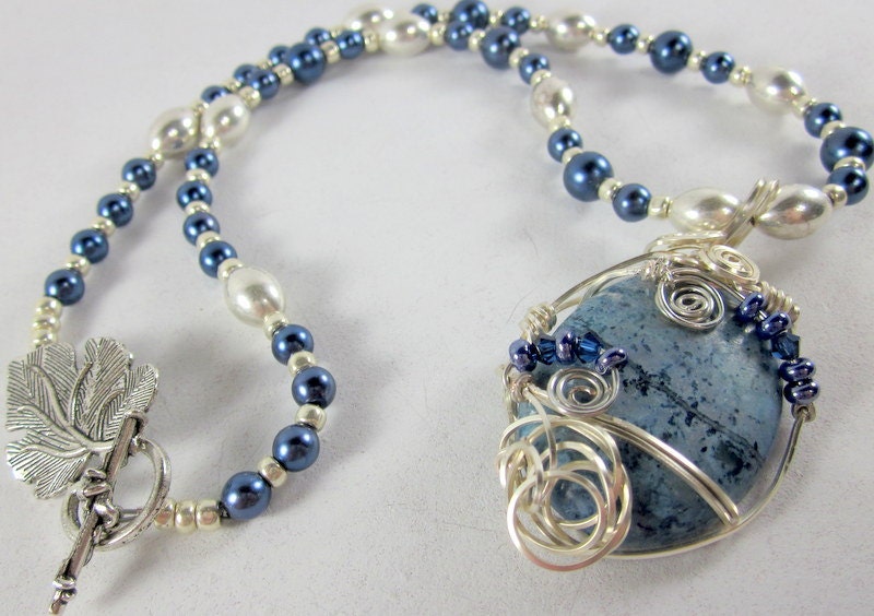 Blue and Silver Pendant Necklace, Silver Beadwork Necklace, Beaded Necklace,  Fall Jewelry, Beaded Jewelry