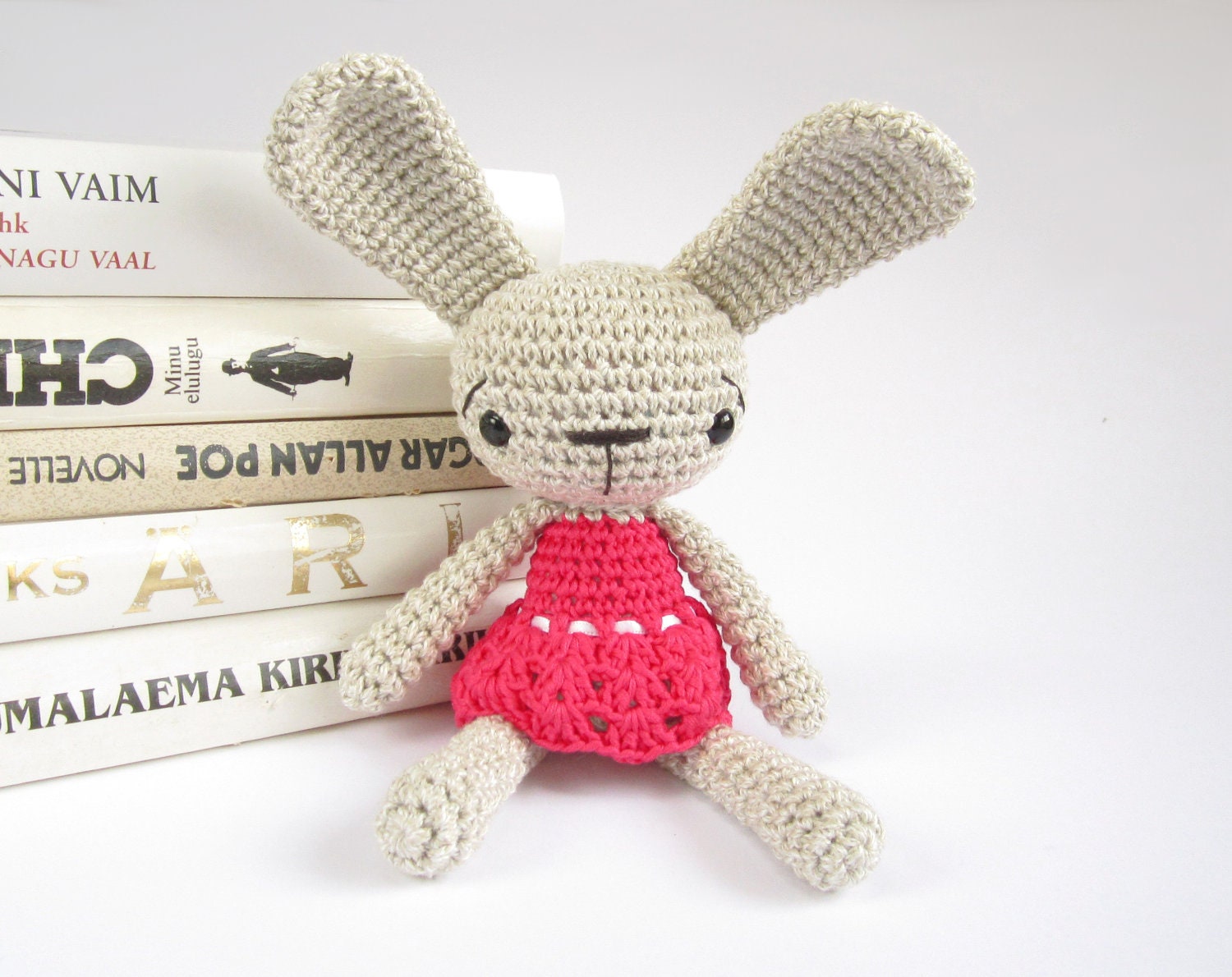 Bunny in a dress - Soft toy - Crocheted stuffed animal - Amigurumi animal - Cotton mix - Beige and pink - MADE TO ORDER