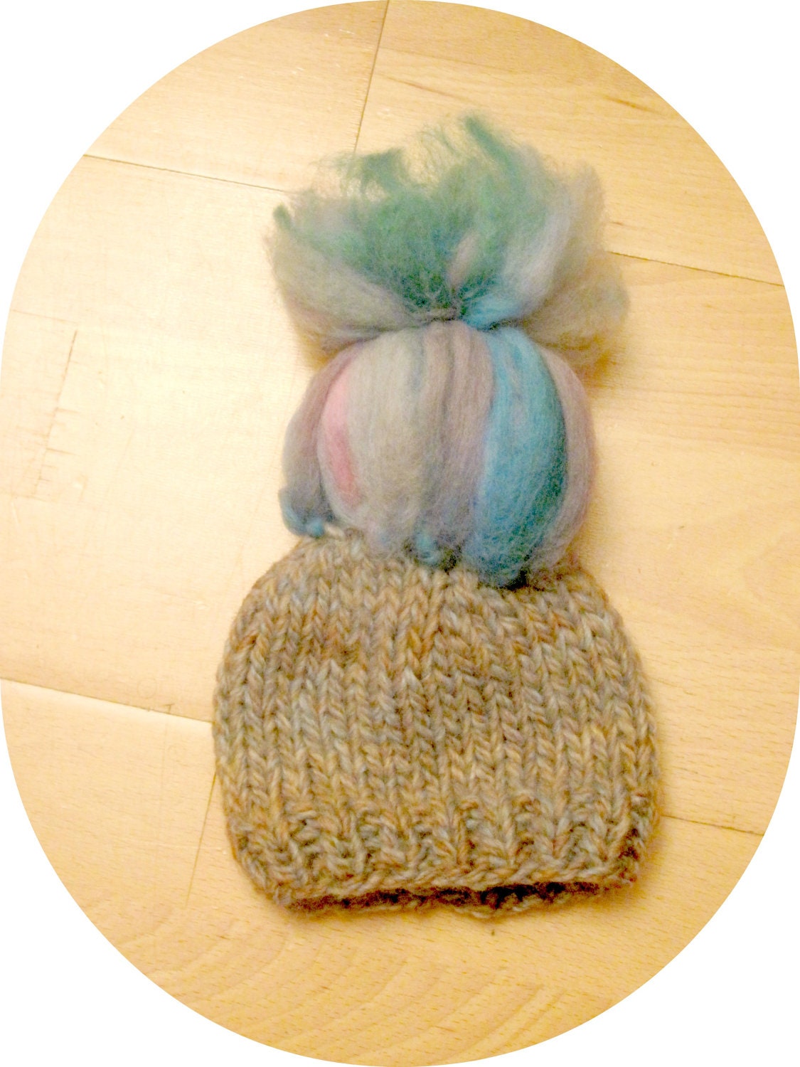 Baby Trol Hat, blue and gray colors, soft yarn
