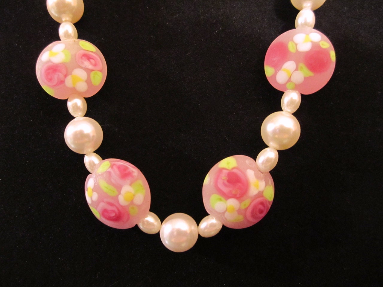 Hand Made Pink Frosted Beads with Flowers, Swarovski Pearls, Sterling Silver Rose Toggle