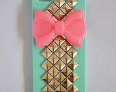 Pink Bow With Pyramid Studded Iphone 5 Hard Case In Mint Green/Mint Pink/Pink/White/Black