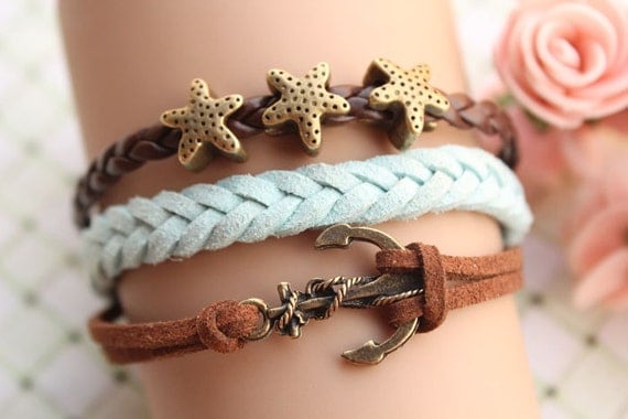 sailing bracelet,retro bronze personality anchor with starfish bead,alloy bracelet,brown leather,green rope braid bracelet---B132