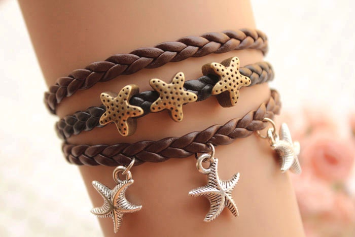 retro silver starfish with retro bronze starfish bead,alloy bracelet,bronze and black leather braid bracelet---B139
