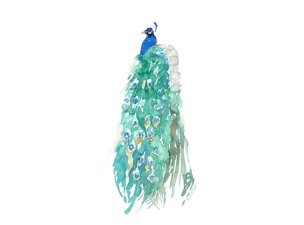 Peacock Watercolor Painting, Art Print ,  Giclee Paper size: 8,26"x11,7" (21x29,7cm A4)