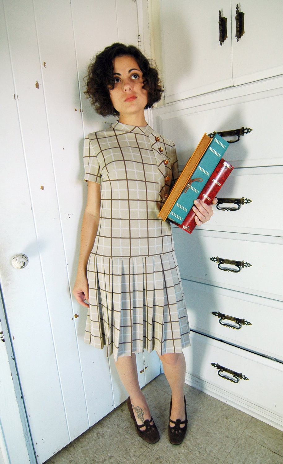 VINTAGE 1960s School Girl Dress - Beige & Brown - Andrea Gayle - MiriamMadlyVintage