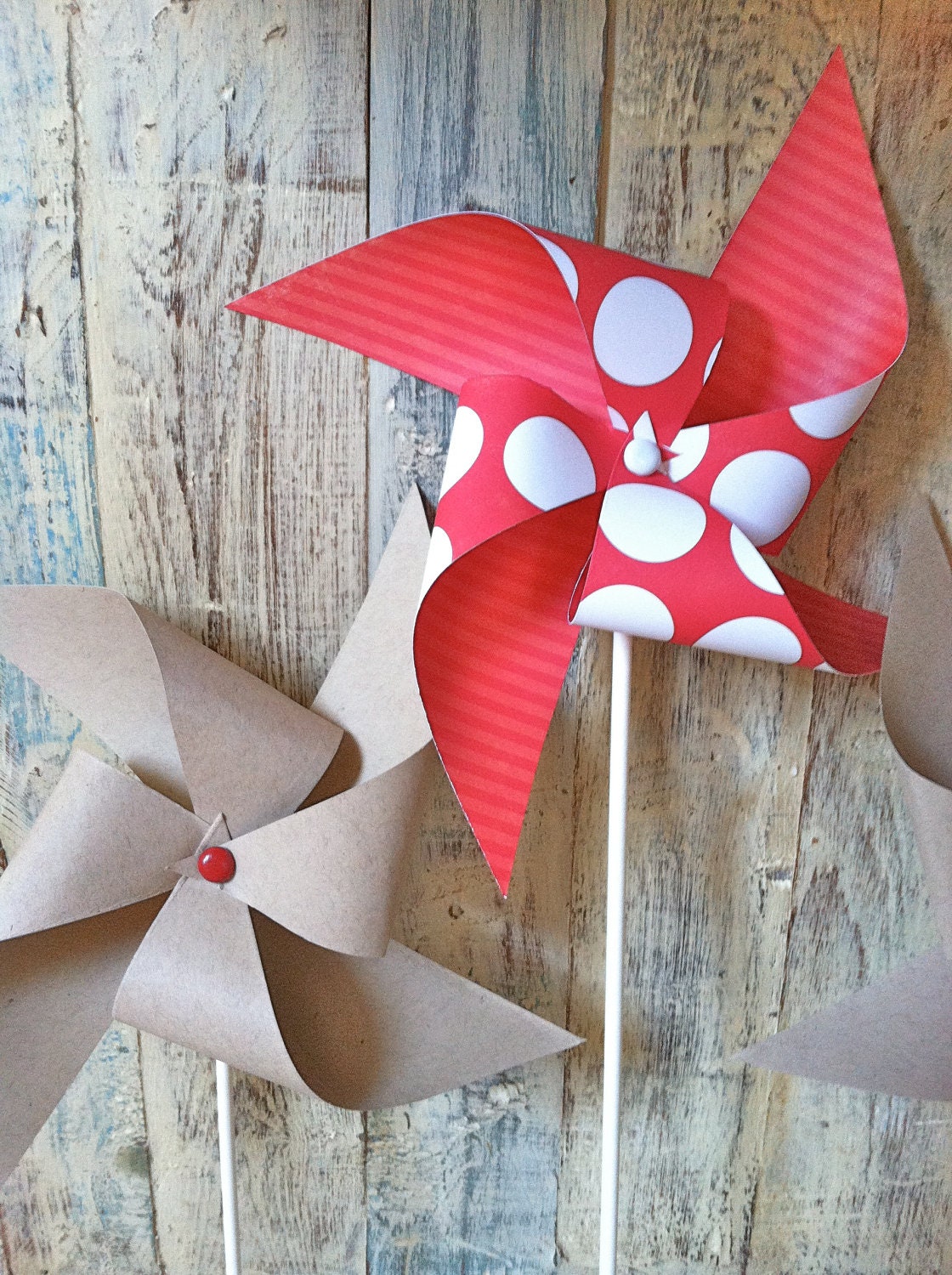 Pinwheels - Set of 8 Ruby Red and Kraft Paper Brown - Paper Pinwheels