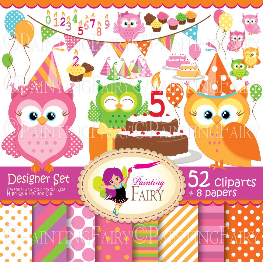 Big Collection Birthday owls Digital clipart set Cute owl clip art Girl Boy fun bunting cupcake cake hat Party digital elements pf00036-1