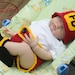 Baby CROCHETED FIREMAN Hat, Diaper Cover & Boots 4 pc Set Red, Black and Gold FD Shield