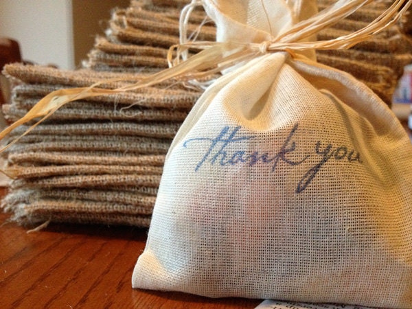 vintage look thank you stamped muslin bomboniere bags with drawstring