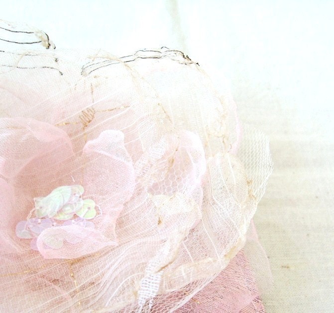 Wedding Hair Clip Pastel Pink Fairytale Organza Flower with Metalic Pink Leaves and Heart Sequin Centre by FairytaleFlower
