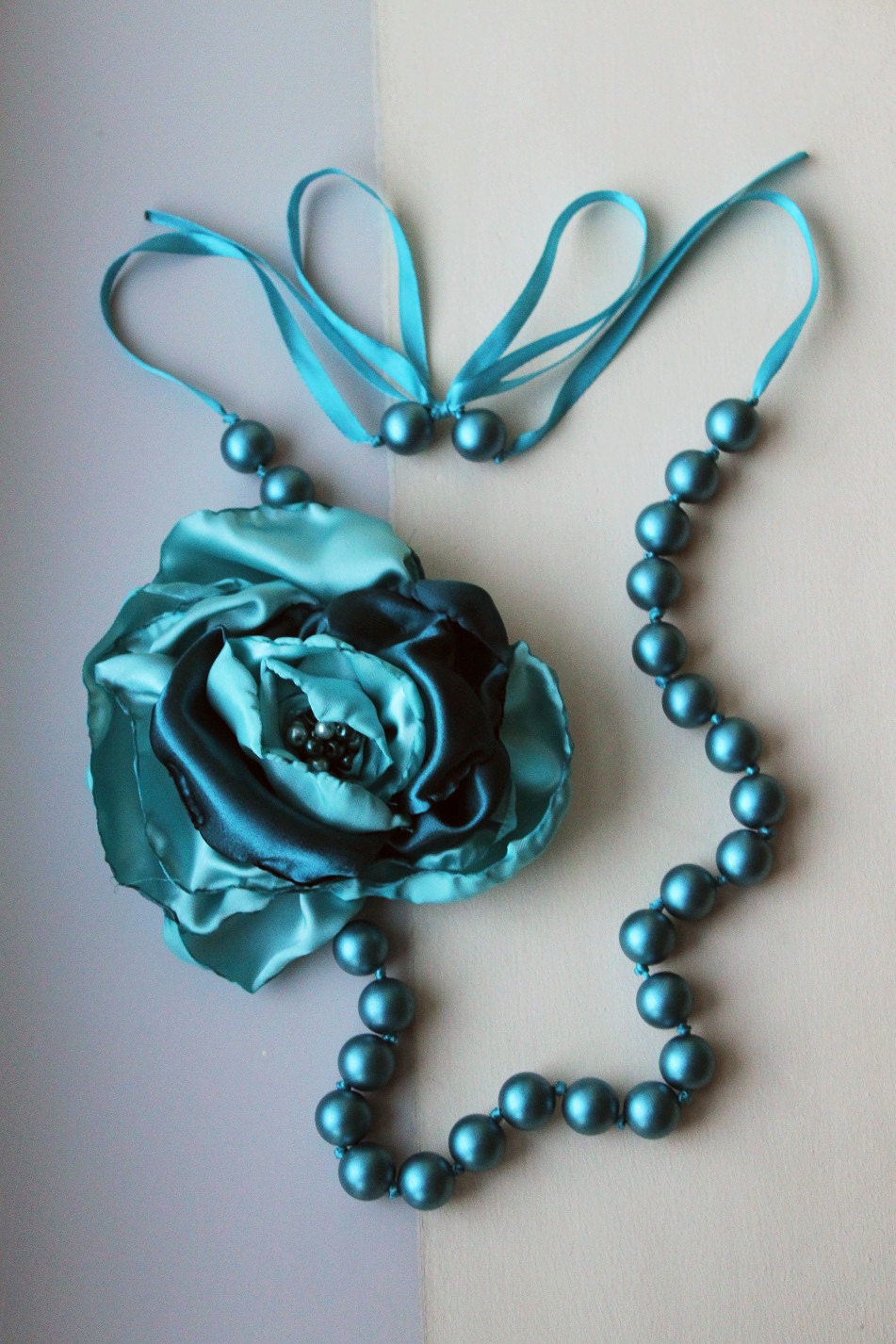 Blue Teal Wood Beads Ribbon Necklace with a Satin Blue Teal Flower - TealAndMagenta