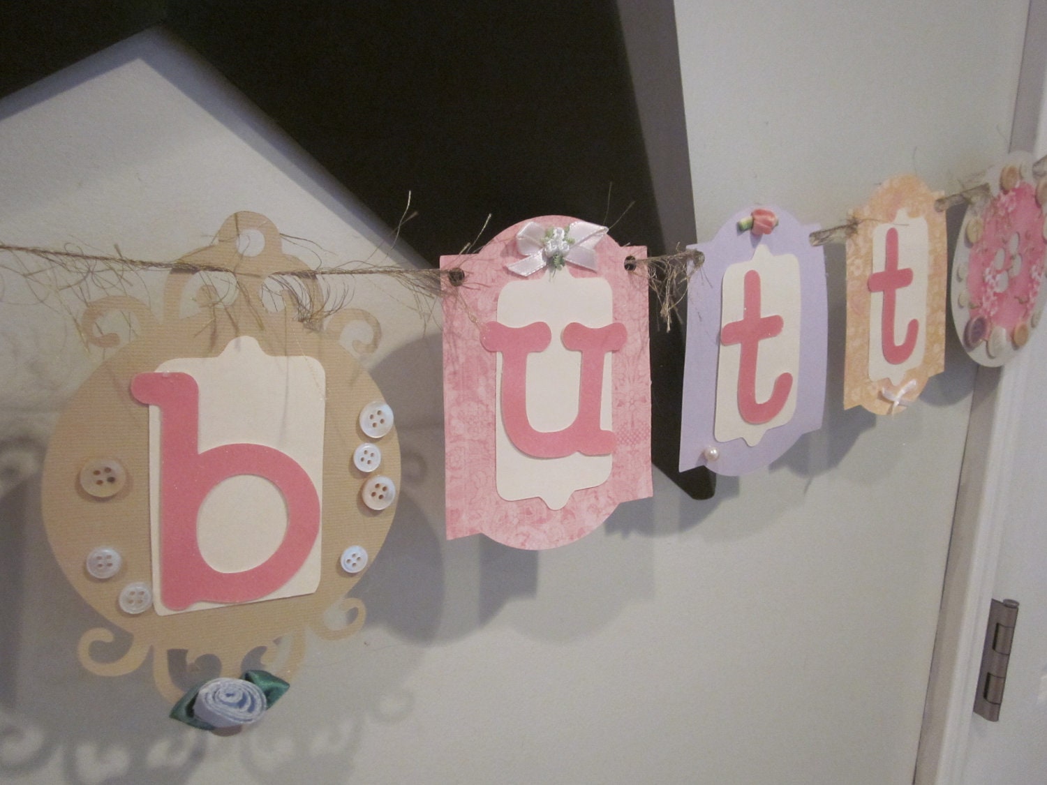 Shabby chic vintage Cute as a Button banner baby shower decoration