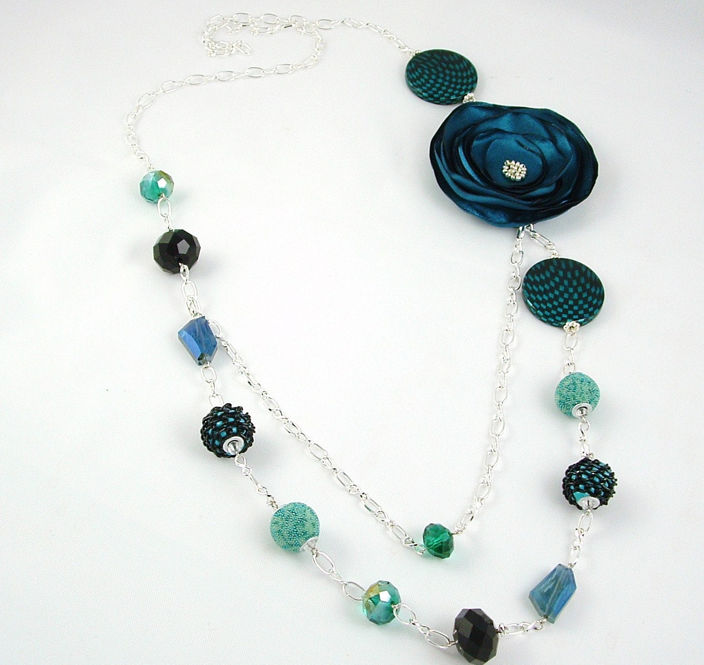 Teal Statement Flower Fabric Necklace two tiered, unique jewelry