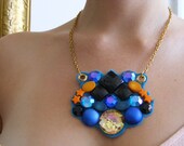 Blue and Orange Statement Jewelry - Bright Color Block Bib Necklace