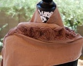 Scarf camel brown ruffled lace scarf with fabric roses wrap pashmina victorian romantic