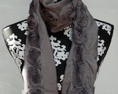 Grey gray ruffled lace scarf with fabric roses wrap pashmina shawl victorian romantic