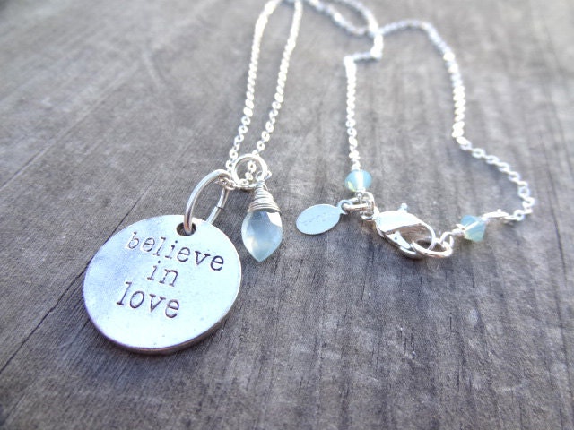 Silver Believe in Love Aqua Blue Chalcedony Crystal Bead Necklace Pendant Wire Wrap Handmade Jewelry