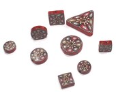 Polymer Clay beads, mixed set, unique pattern in brown, gold, bronze and black, elegant flat beads in different shapes, set of 9.