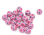 CLEARANCE SALE, polymer Clay beads, pink purple and white flower pattern, Set of 20 unique beads