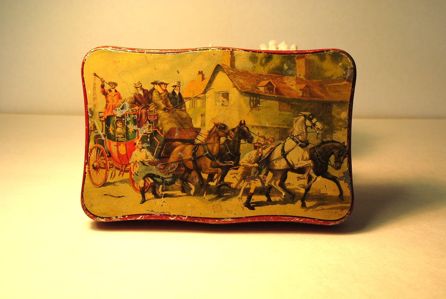 Toffee tin RED scalloped edges HORSES and CARRIAGE Halifax, England Rileys Toffe tin  Antique Vintage marked Made in England