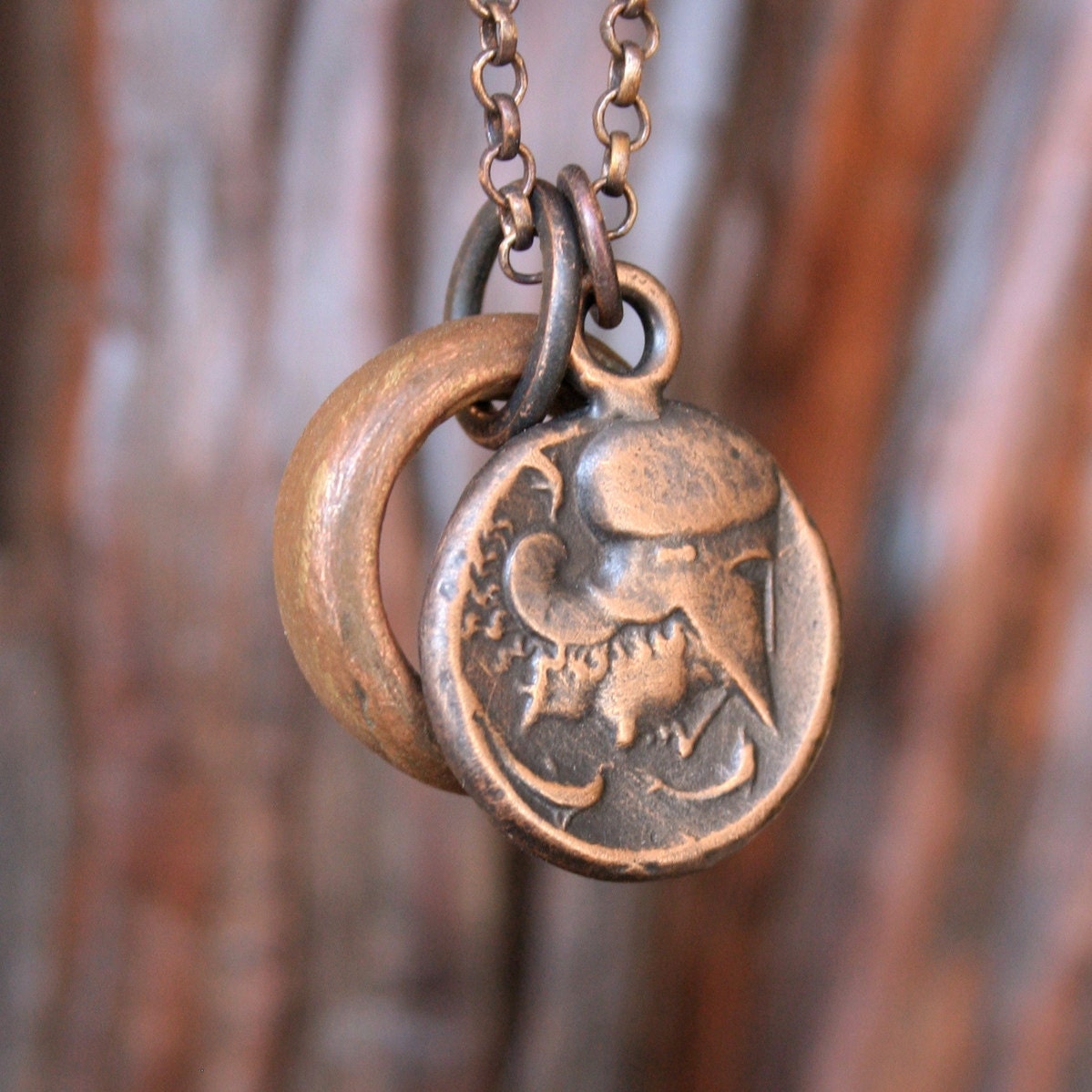 Solid Bronze Pegasus Necklace and Ancient Greek Coin Athena Antique African Copper Ring Rustic Boho Double Sided