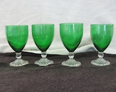 4 Vintage green and clear bubble crystal bottom wine glasses