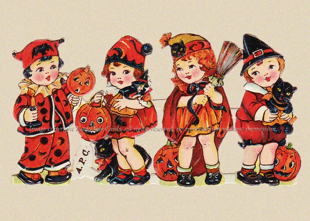 Halloween Witches Fabric Block - Witch Children from Vintage Scrap