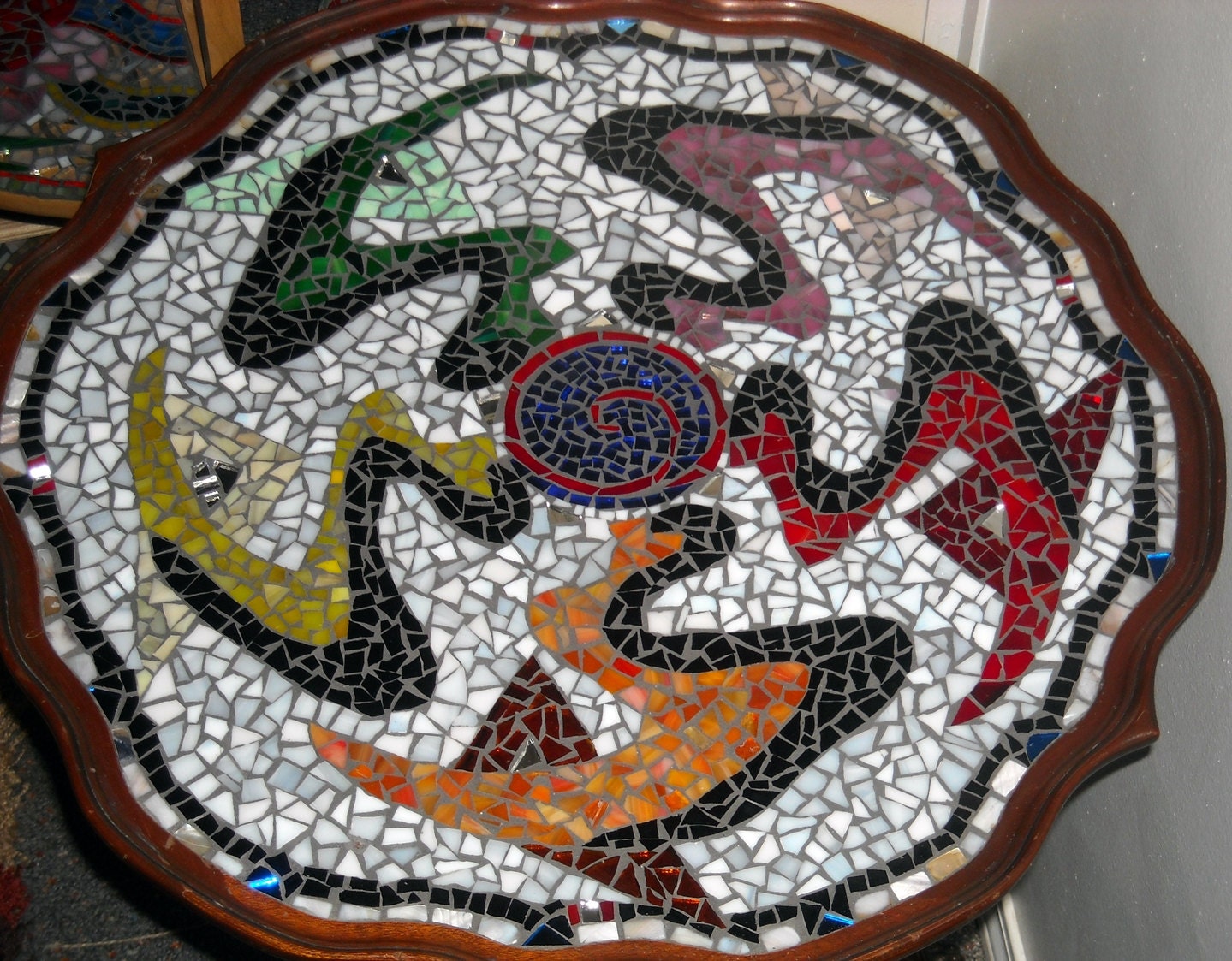 HANDMADE MOSAIC Antique Claw Foot Cherry Wood Table, Round, Accent, Vintage, stained glass