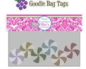 Butterfly Treat Bag Tag - Pink and Purple Damask and Polka Dot Butterflies Birthday Party Double Sided Goodie Bag Label - Digital Printable