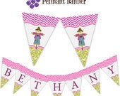 Scarecrow Pennant Banner - Pink Chevron, Green Damask Girl Harvest Scarecrow Personalized Birthday Party Banner - A Digital Printable File