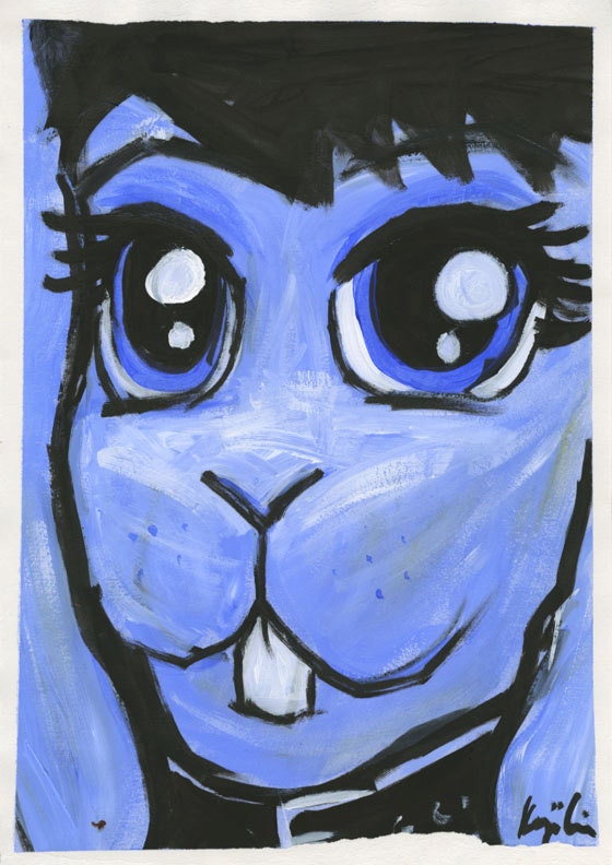 Bright Eyes Blue Bunny Original painting on A3 Paper