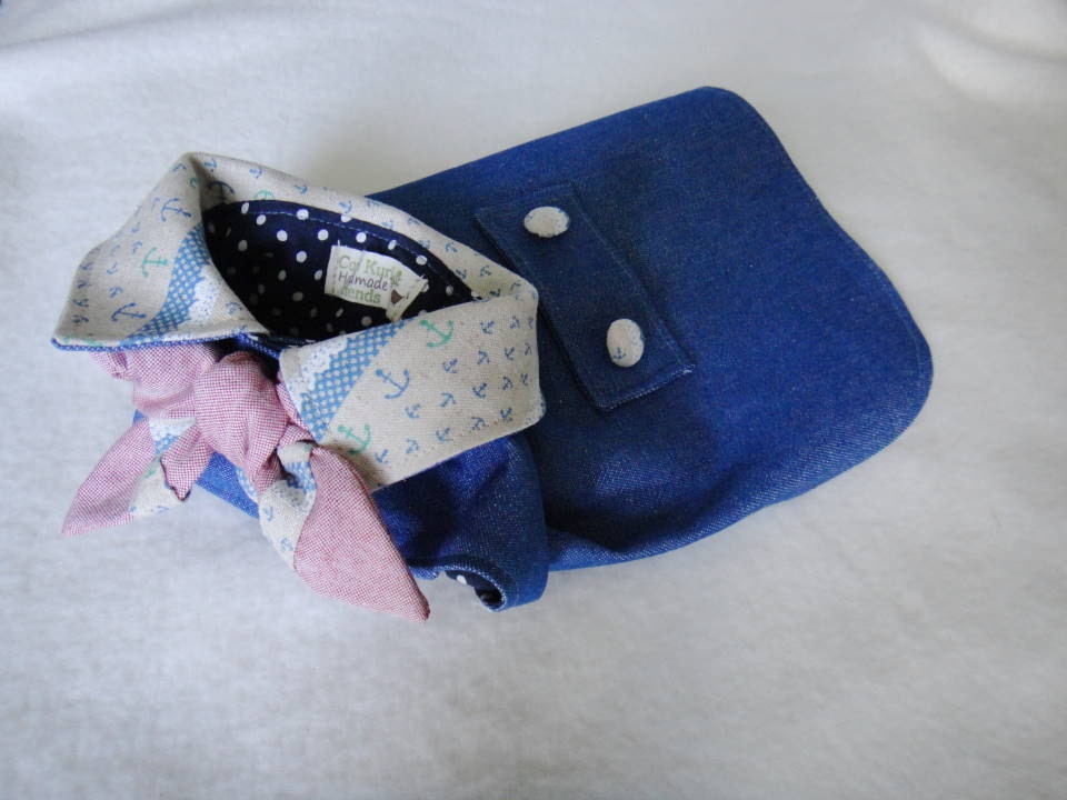 Small dog clothes nautical sailor style Dog blue denim jacket coat with anchor print collar and scarf for small dog (size SS -  SM)