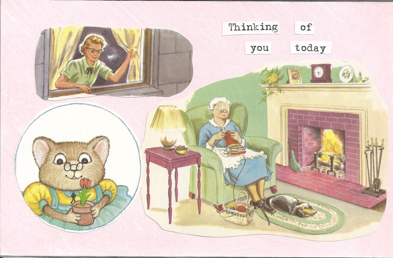 Thinking of you card, pink handpainted background vintage style art collage with ladies in thought, mouse, fireplace dog knitting red yarn