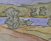 Maine Landscape Painting, Original ACEO watercolor with pen and ink by Kathleen Daughan. "Gilsland Farm 1114"
